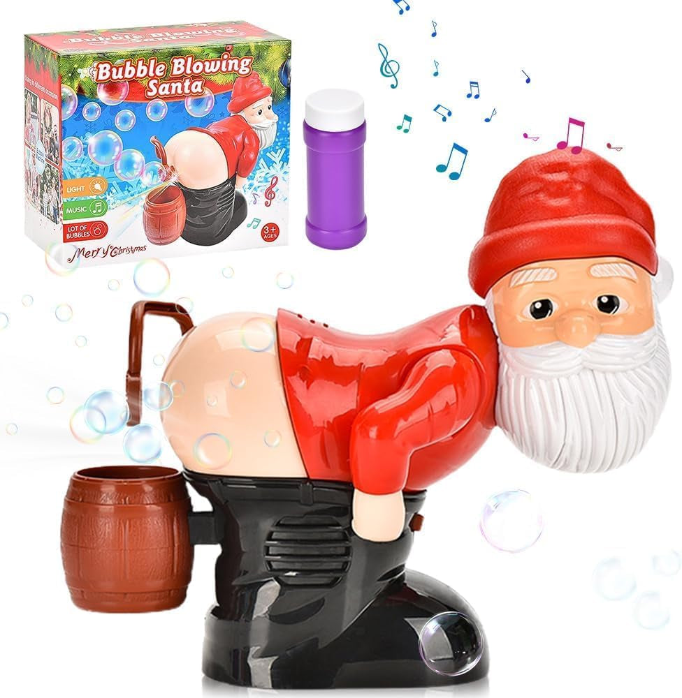 Santa Claus Bubble Maker Toy Ornaments, Funny Santa Automatic Fart Bubble Machine with Flashing Lights & Music, Christmas Bubble Blower for Outdoor & Indoor Activity (Red)