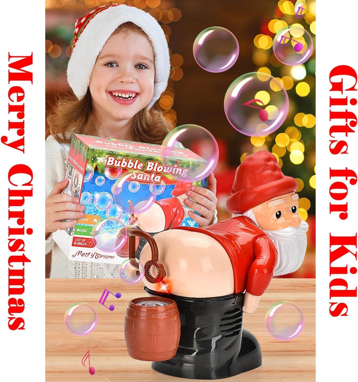 Santa Claus Bubble Maker Toy Ornaments, Funny Santa Automatic Fart Bubble Machine with Flashing Lights & Music, Christmas Bubble Blower for Outdoor & Indoor Activity (Red)